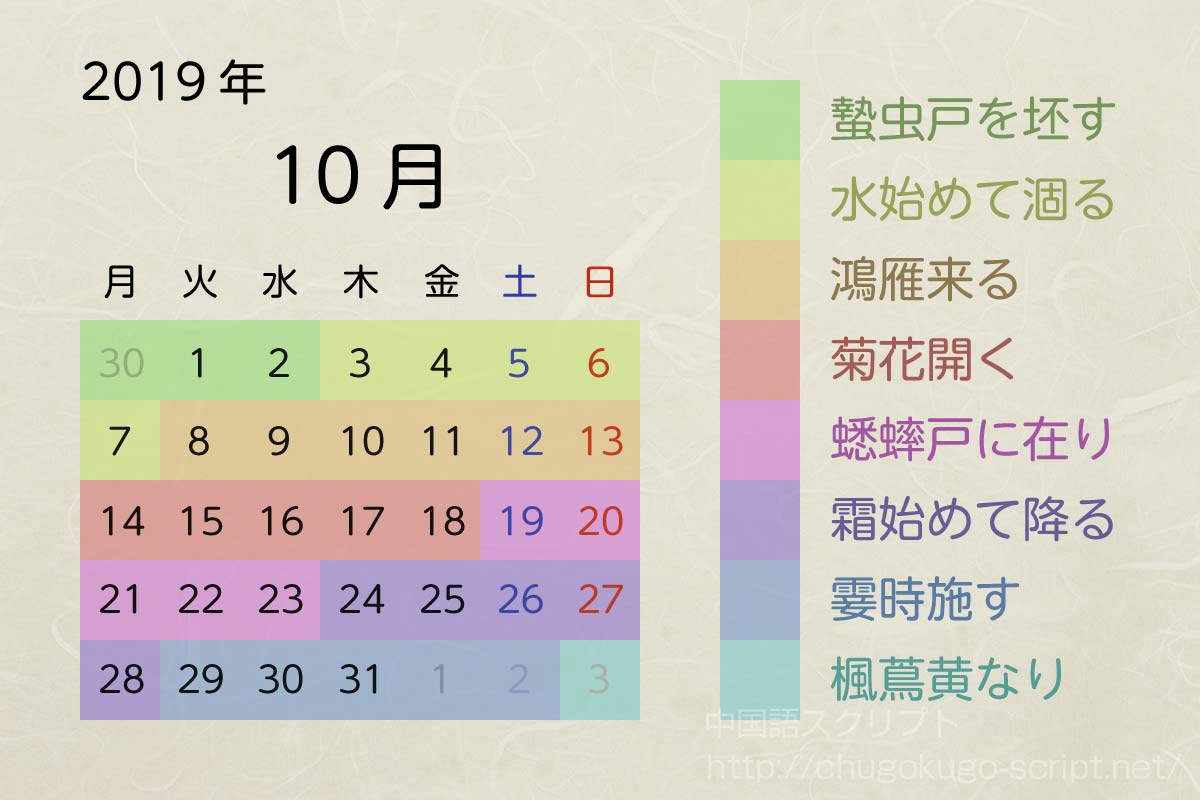 七十二候のカレンダー-2019年10月