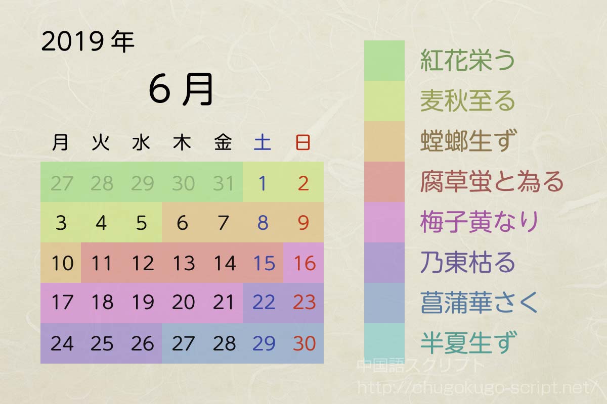 七十二候のカレンダー-2019年6月