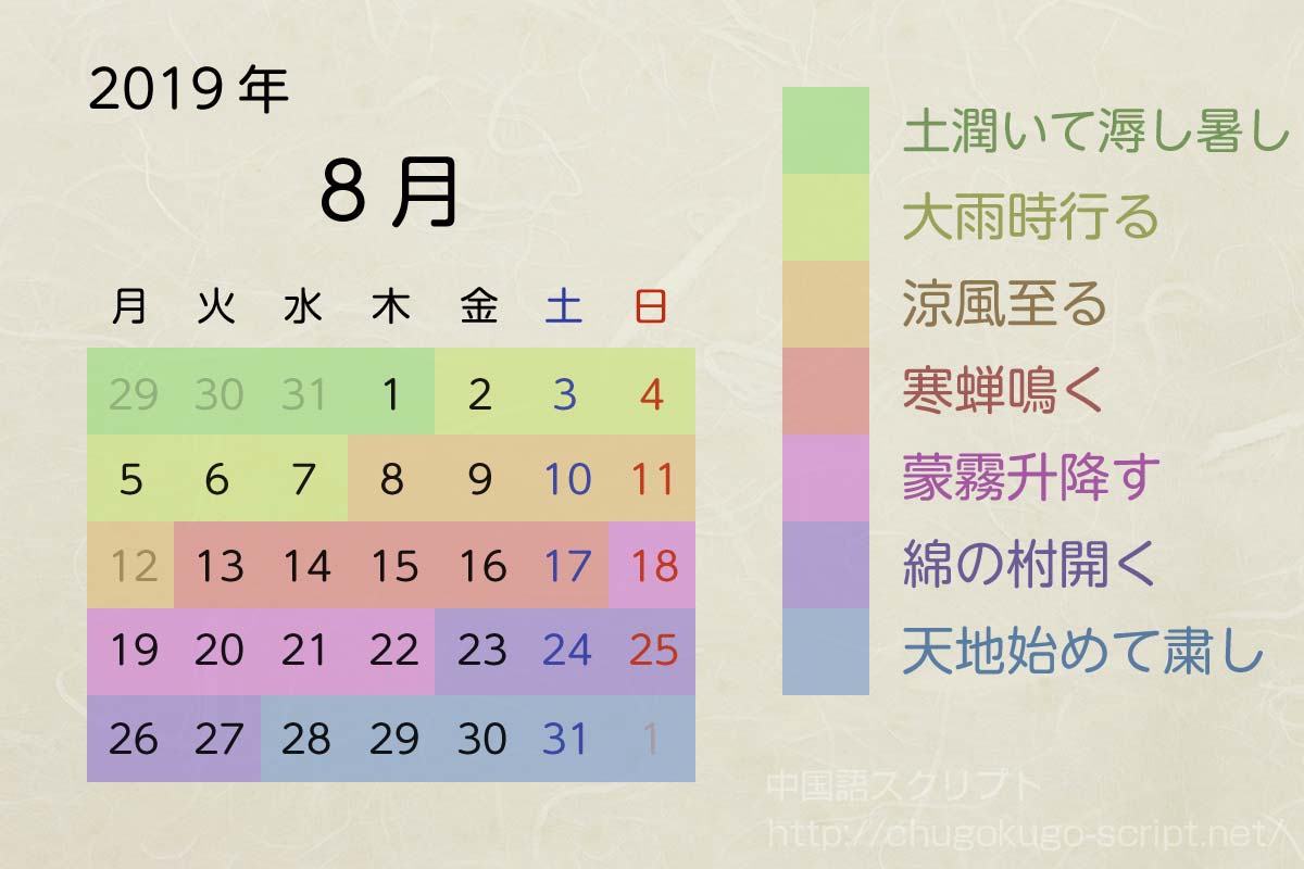 七十二候のカレンダー-2019年8月
