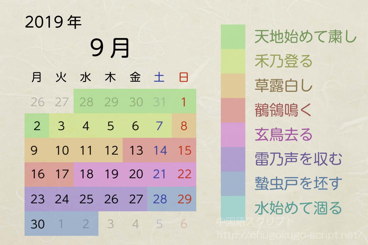 七十二候のカレンダー-2019年9月