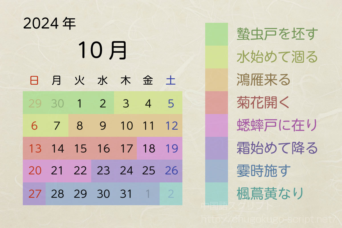 七十二候のカレンダー-2024年10月