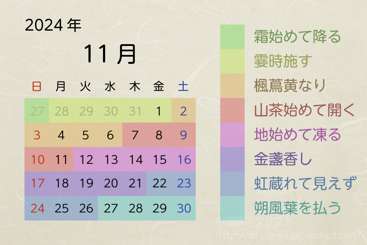 七十二候のカレンダー-2024年11月