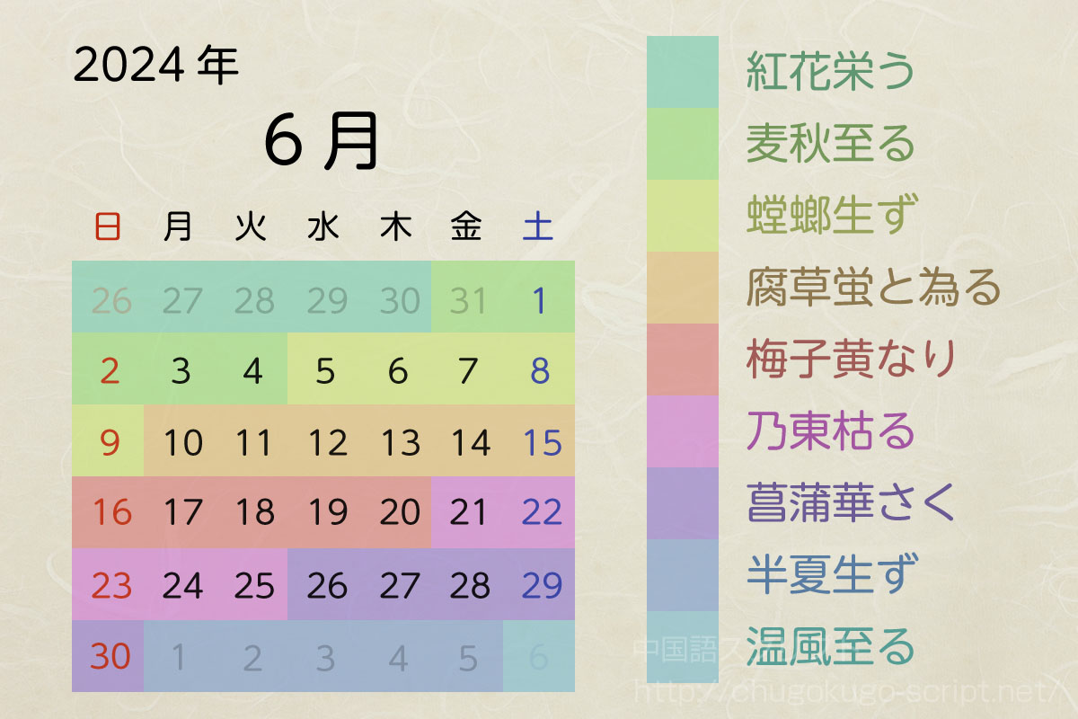 七十二候のカレンダー-2024年6月