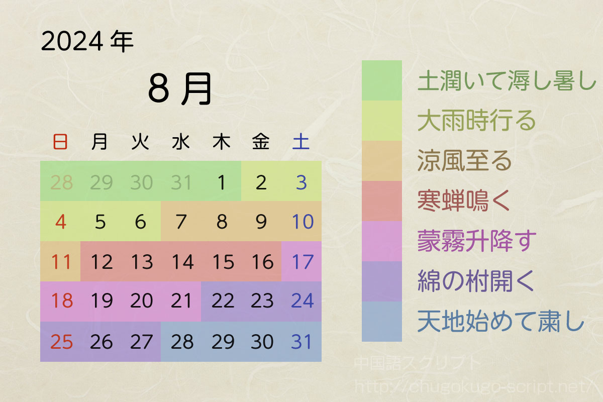 七十二候のカレンダー-2024年8月