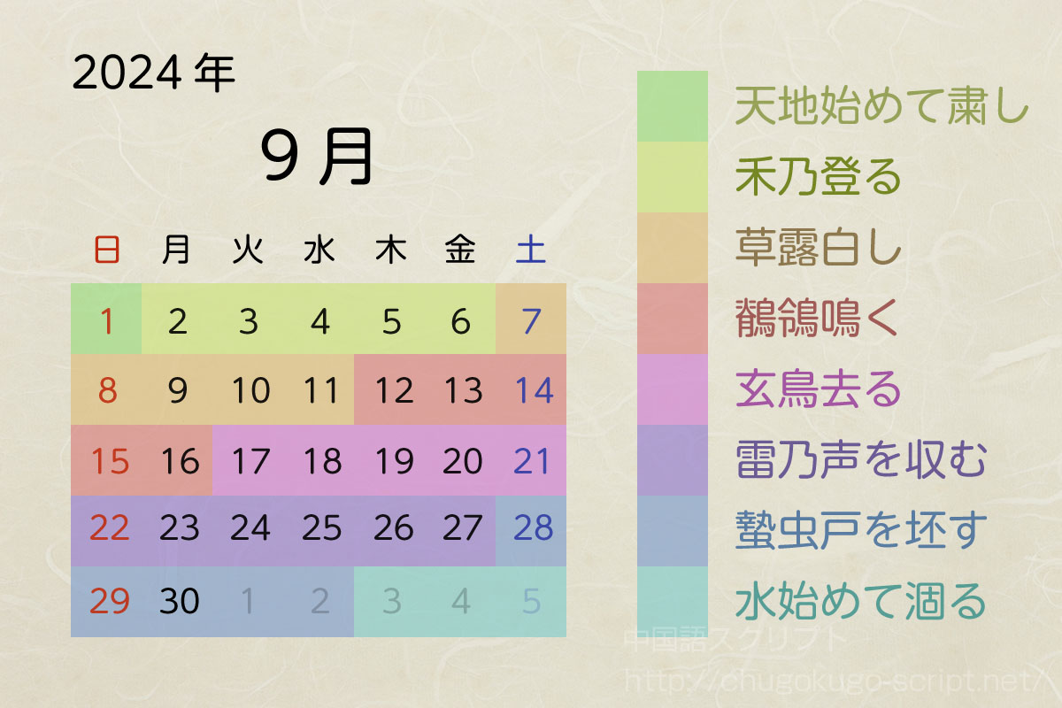 七十二候のカレンダー-2024年9月